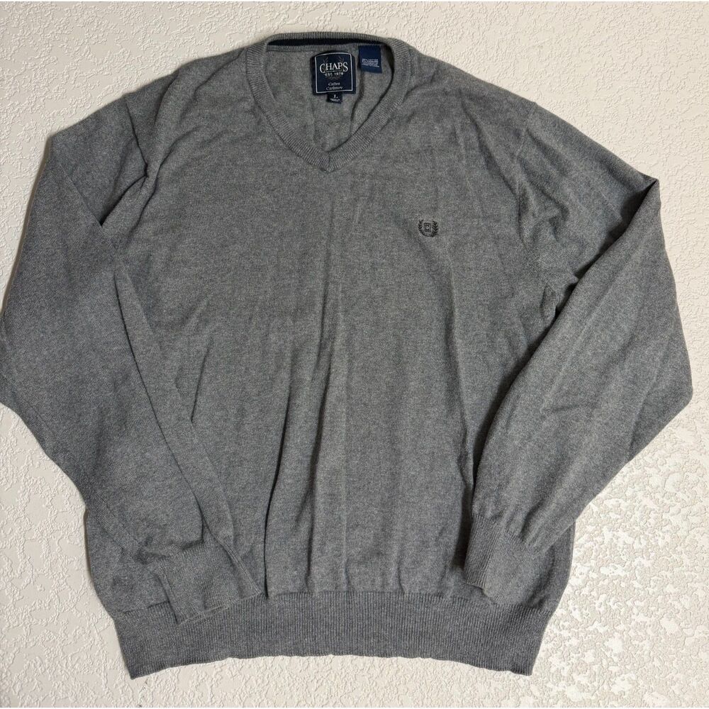 Chaps Men's Large Gray Cotton Cashmere V Neck Sweater Pullover